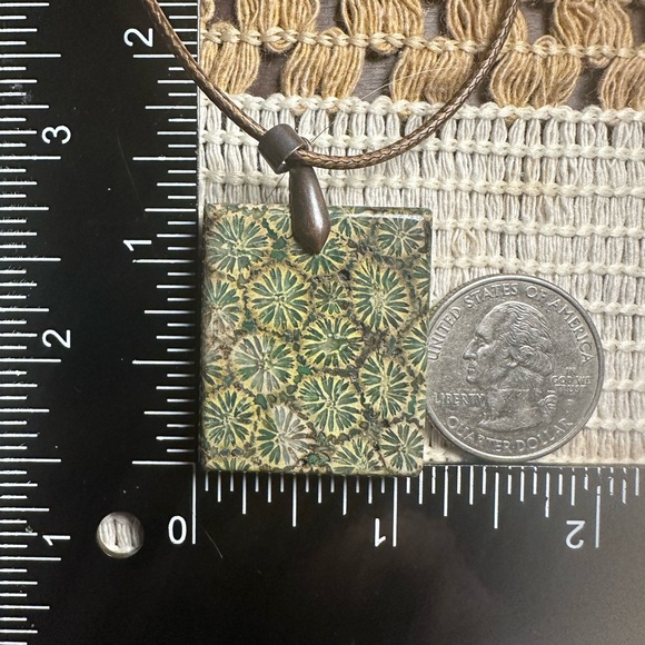 Green and Brown Coral Fossil Square Pendant Necklace on Brown Rope - Picture 12 of 12